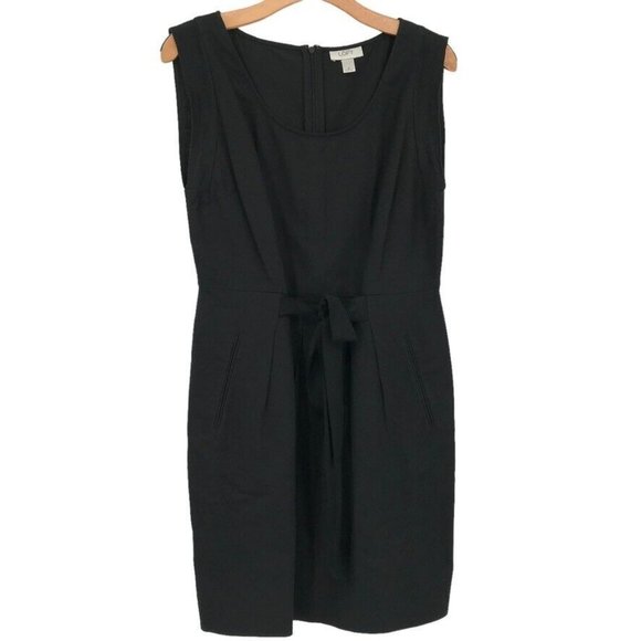 Ann Taylor loft Dress cotton linen size 8 Black sleeveless tie belt pockets - Picture 1 of 7